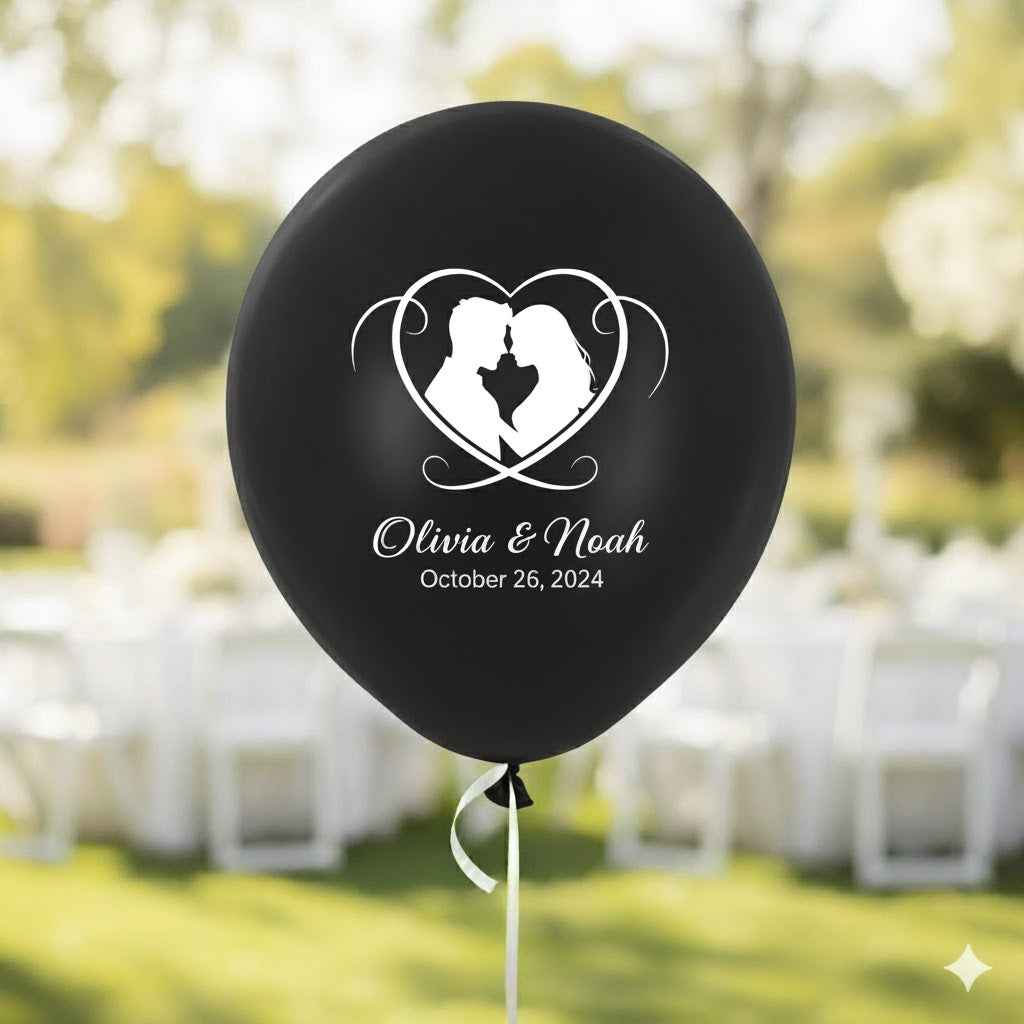 Personalized Wedding Balloons with Couple Names & Date - Custom Latex Balloons for Marriage Black